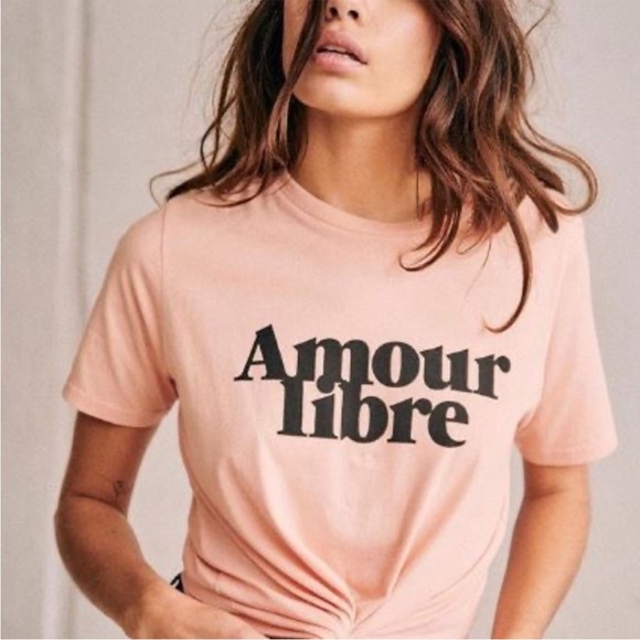 Sezane Amour Libre T Shirt Free Love Cotton Peach Short Sleeve Sz M NEW - Picture 2 of 10